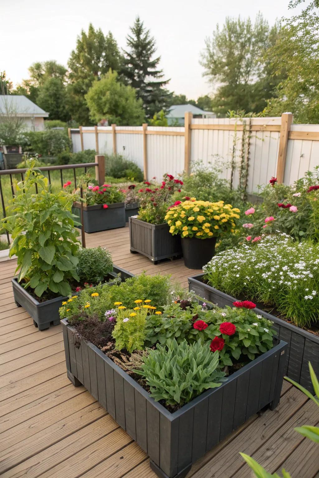 Portable planters rendering flexibility within garden layout.
