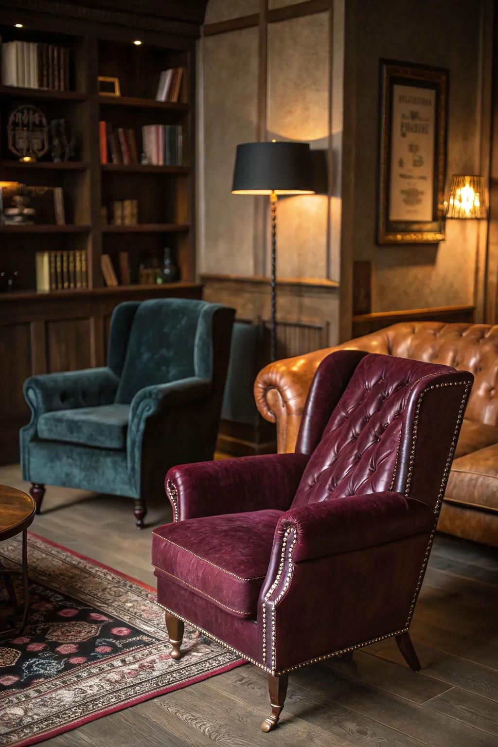 Melancholic textures such as velvet and animal hide create a tactile richness.