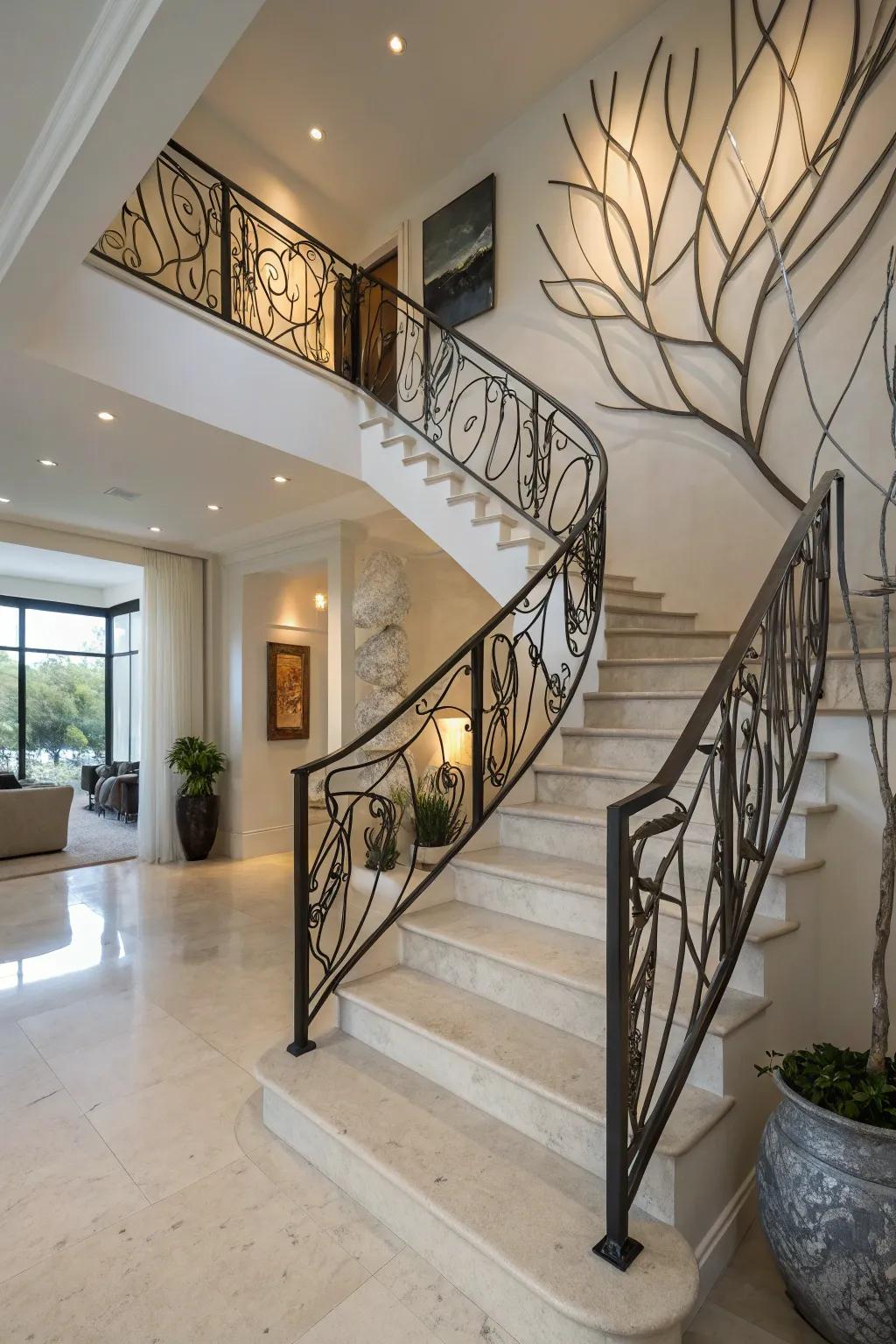 Sculptural railings transforming stairs into art.