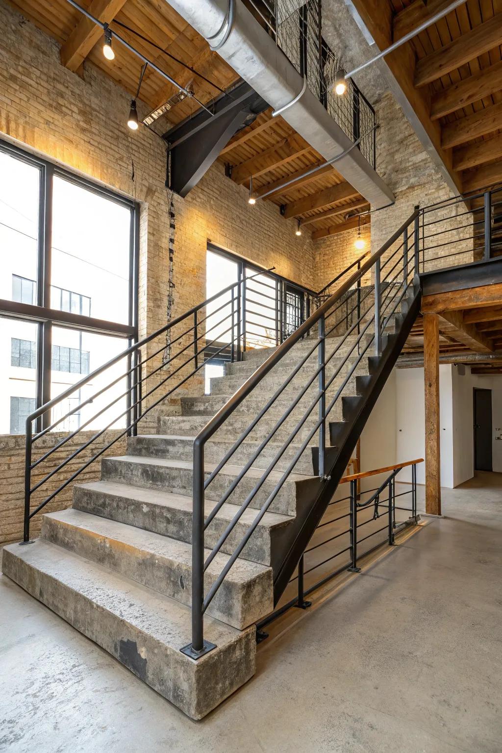 Industrial chic staircases blend raw materials with refined design.