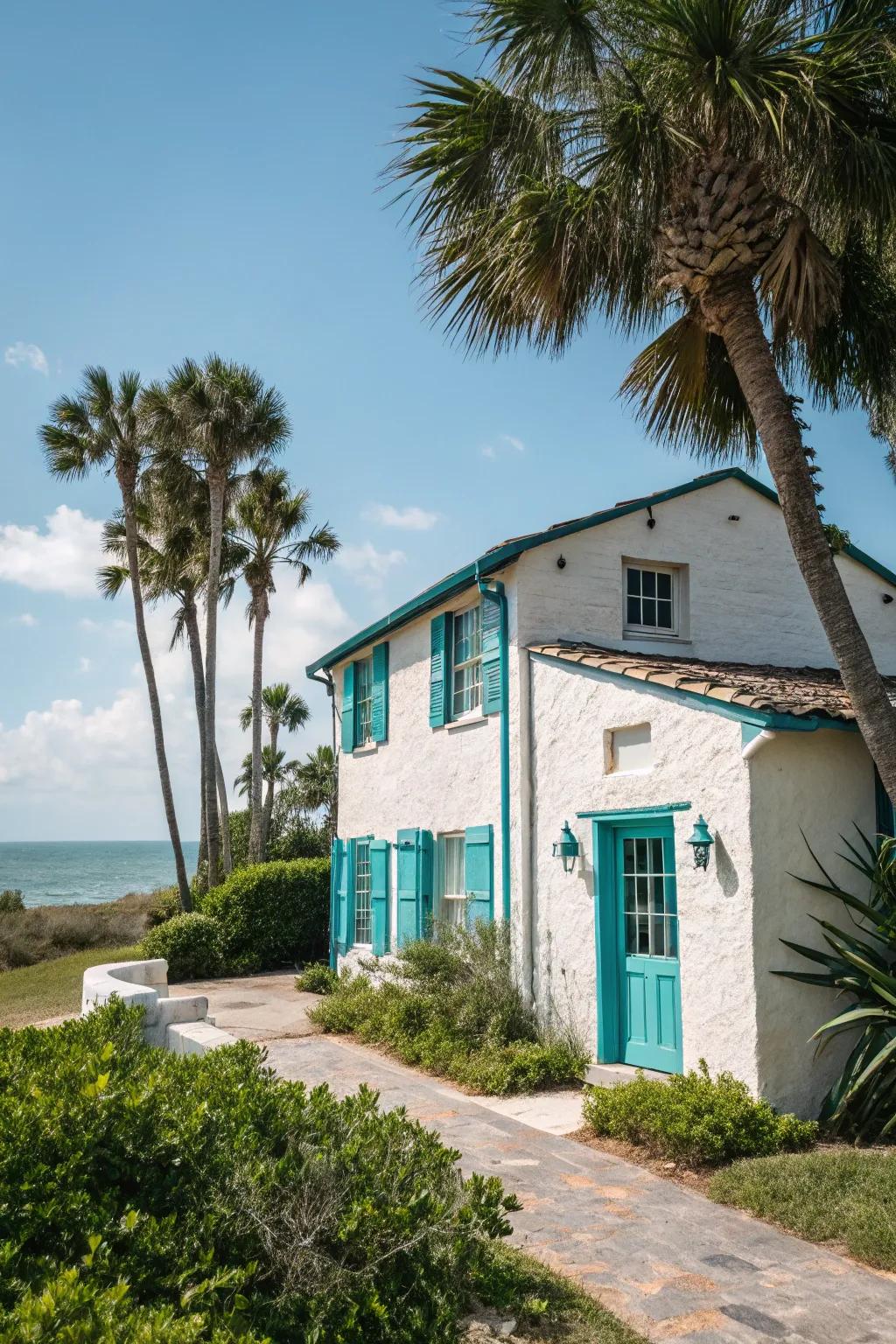 Stucco home with invigorating blue-green features.