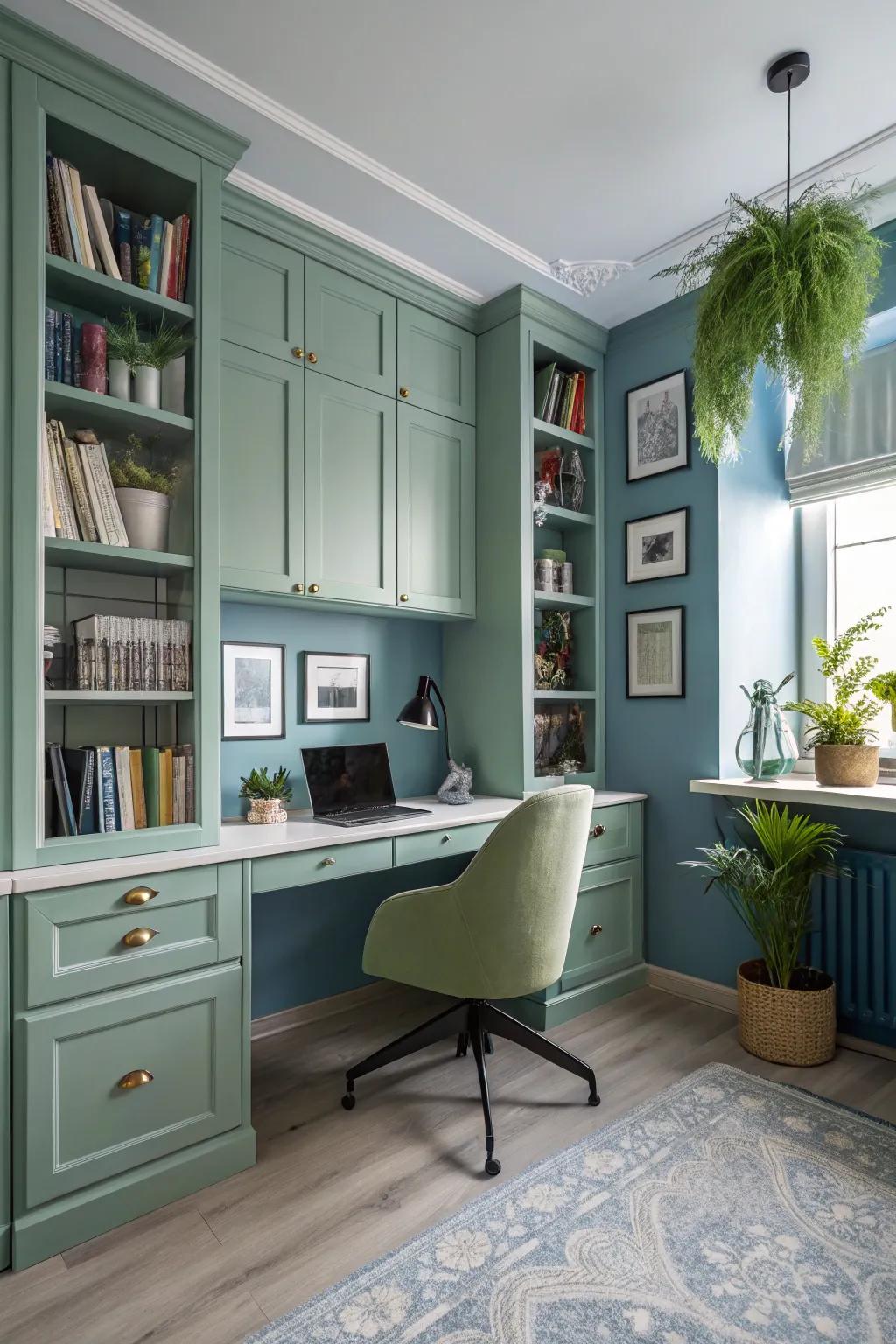 A study area featuring a calming and efficient color scheme.