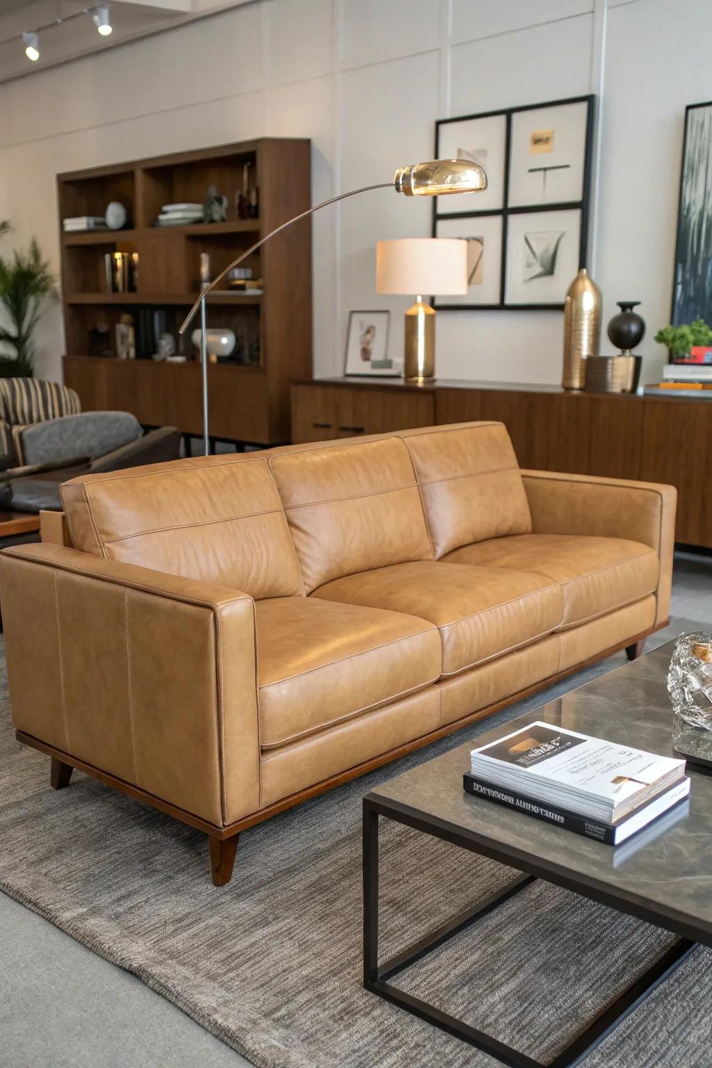 Mid-century contemporary components complement a russet hide settee.