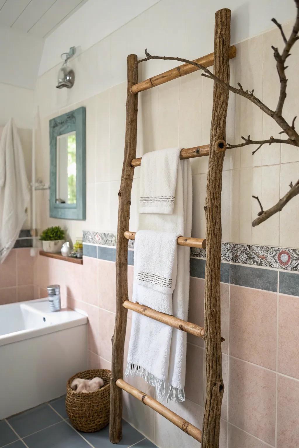 Nature-inspired elegance with a rustic branch rack.