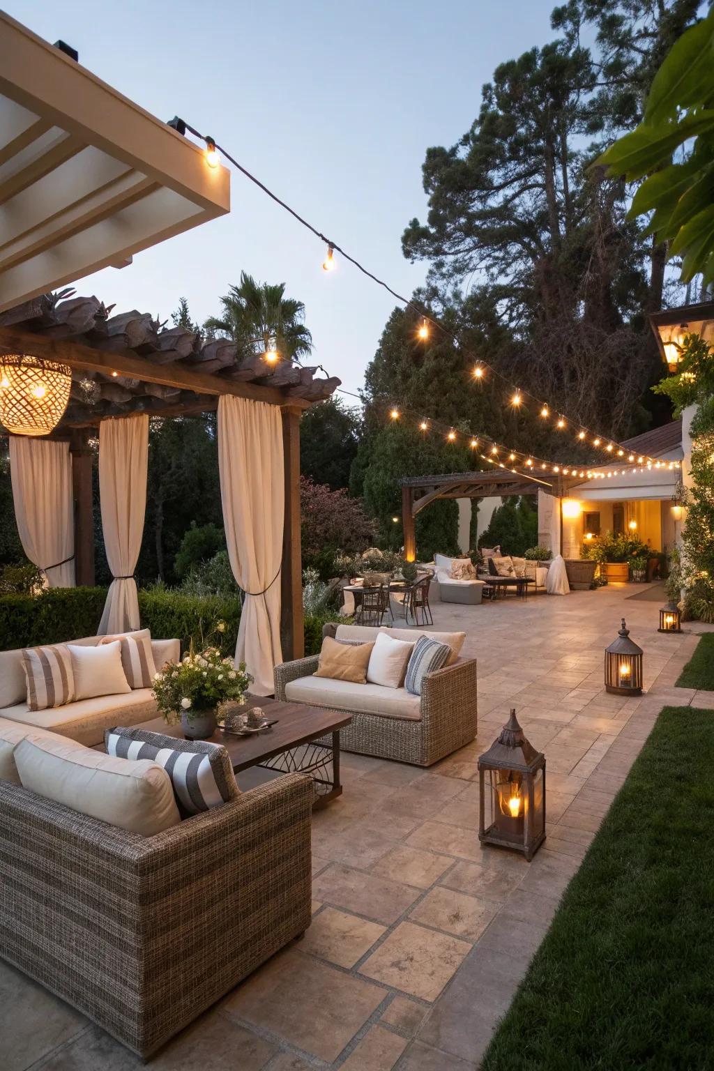 A modern track lighting system illuminates an inviting outdoor patio.