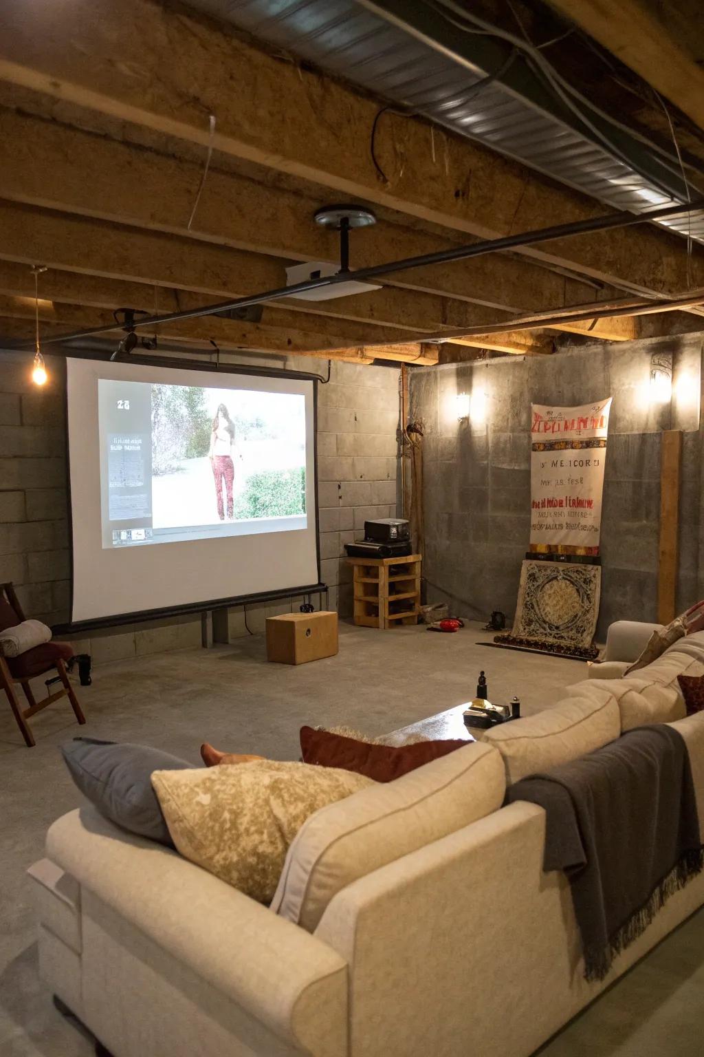 A projector transforms the basement into a cozy theater.