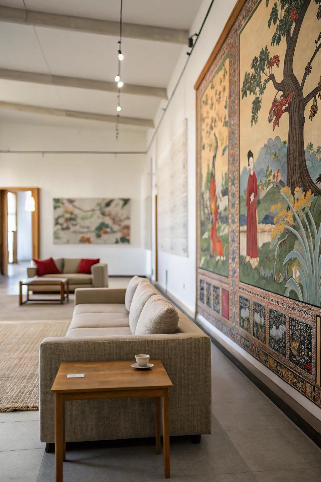 Artistic wall painting wall decor turns a room into a gallery-like space.