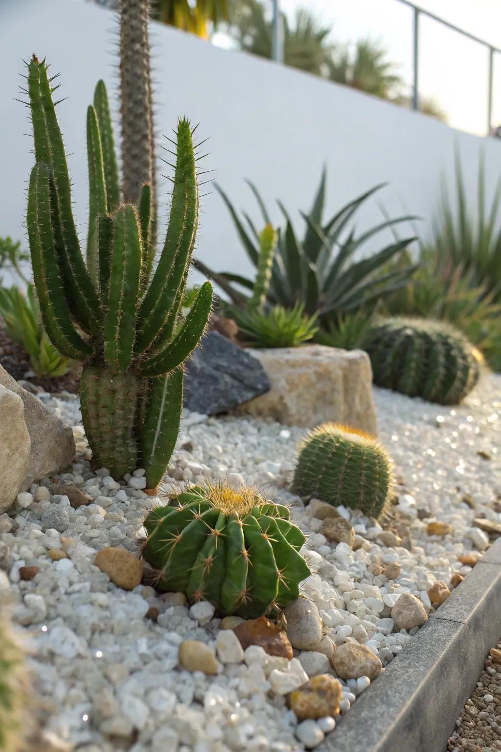 A modern desert oasis featuring cacti surrounded by quartz stone, offering a vibrant escape.