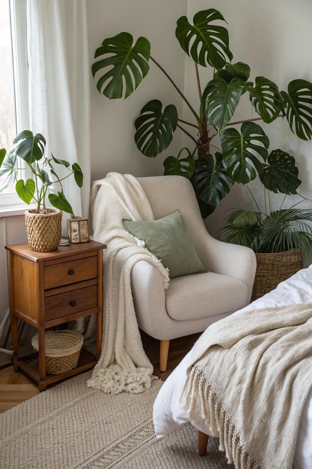 A serene bedroom haven accented with monstera leaves.