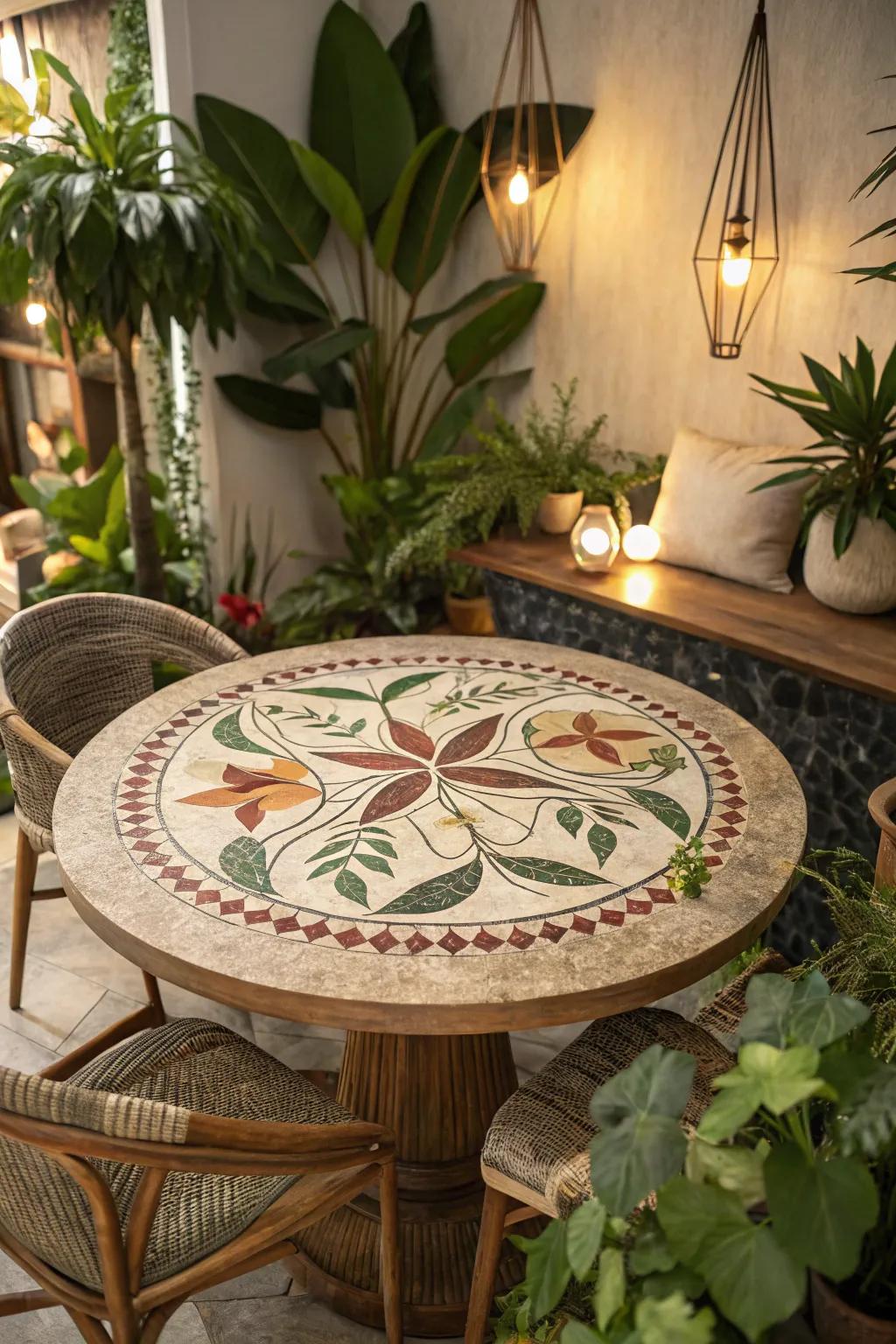 Nature-themed mosaics connect outdoor spaces to interior designs.