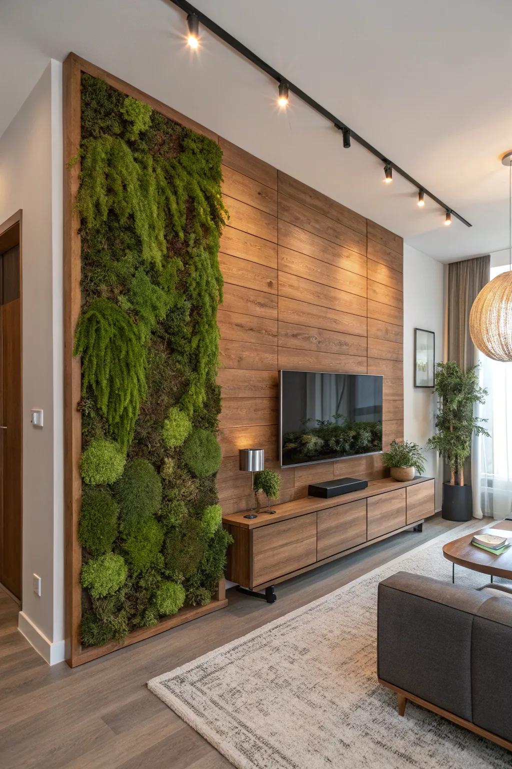 Moss mural artistry that functions as an invigorating focal attraction.