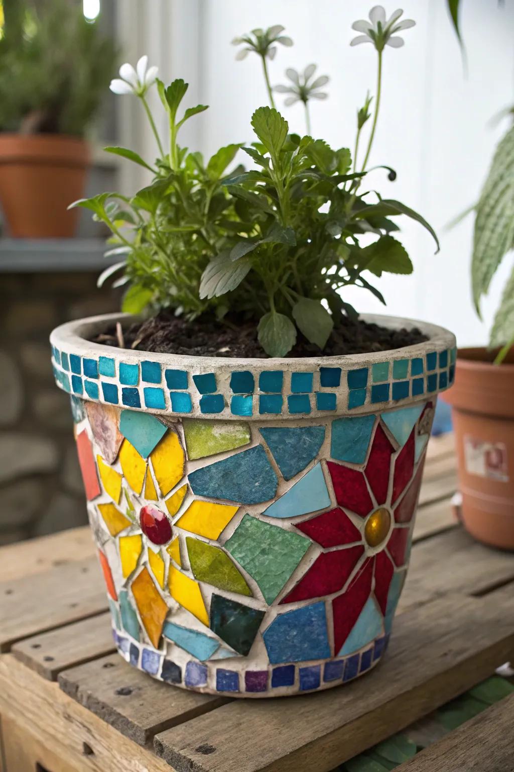 A bloom holder adorned with a vibrant mosaic.