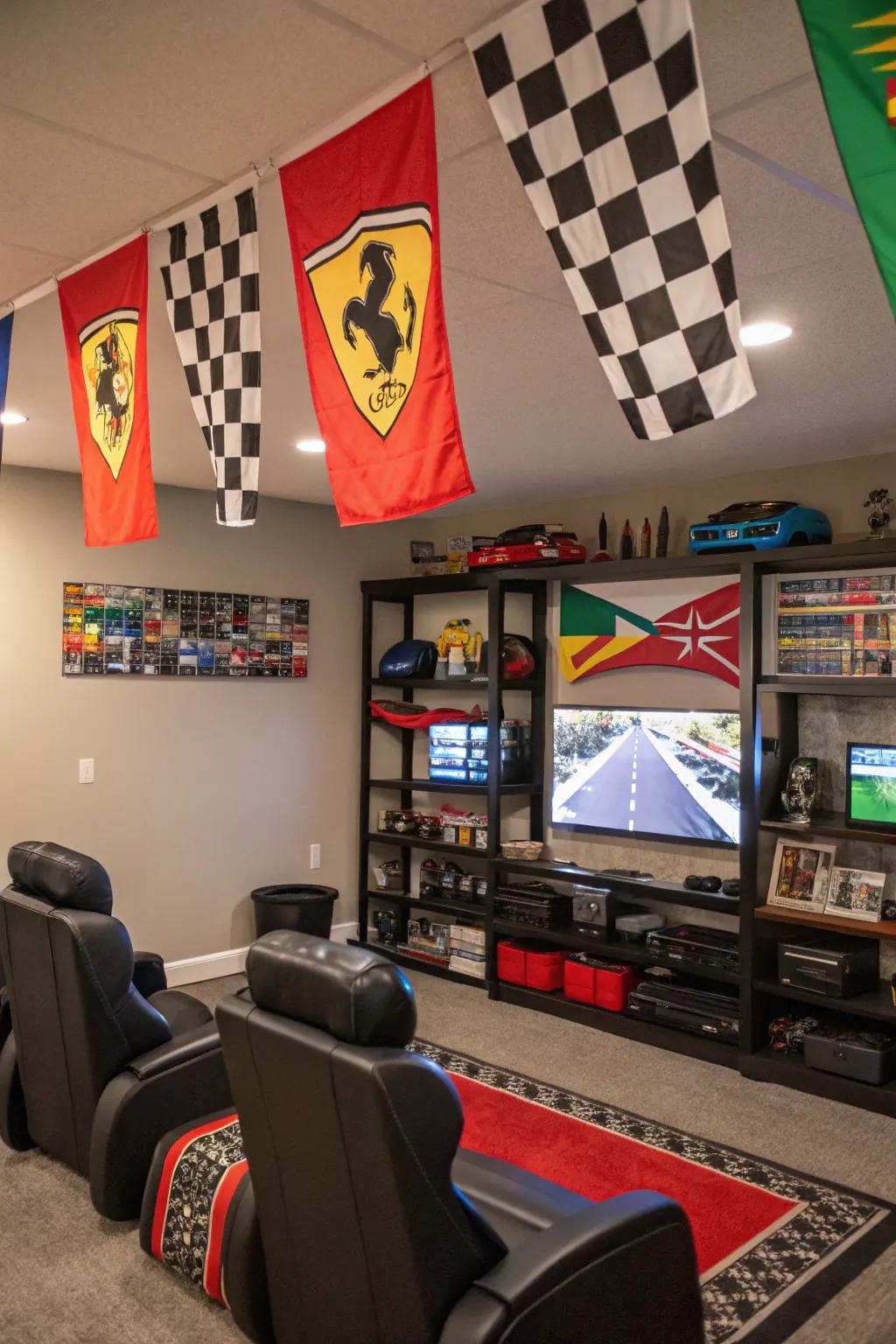 Racing pennants as vibrant accents in a games room.