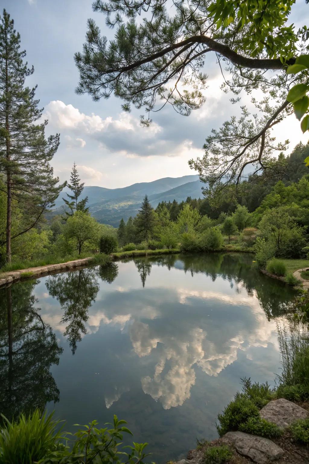 A peaceful pond reflecting the natural beauty of the mountain garden.