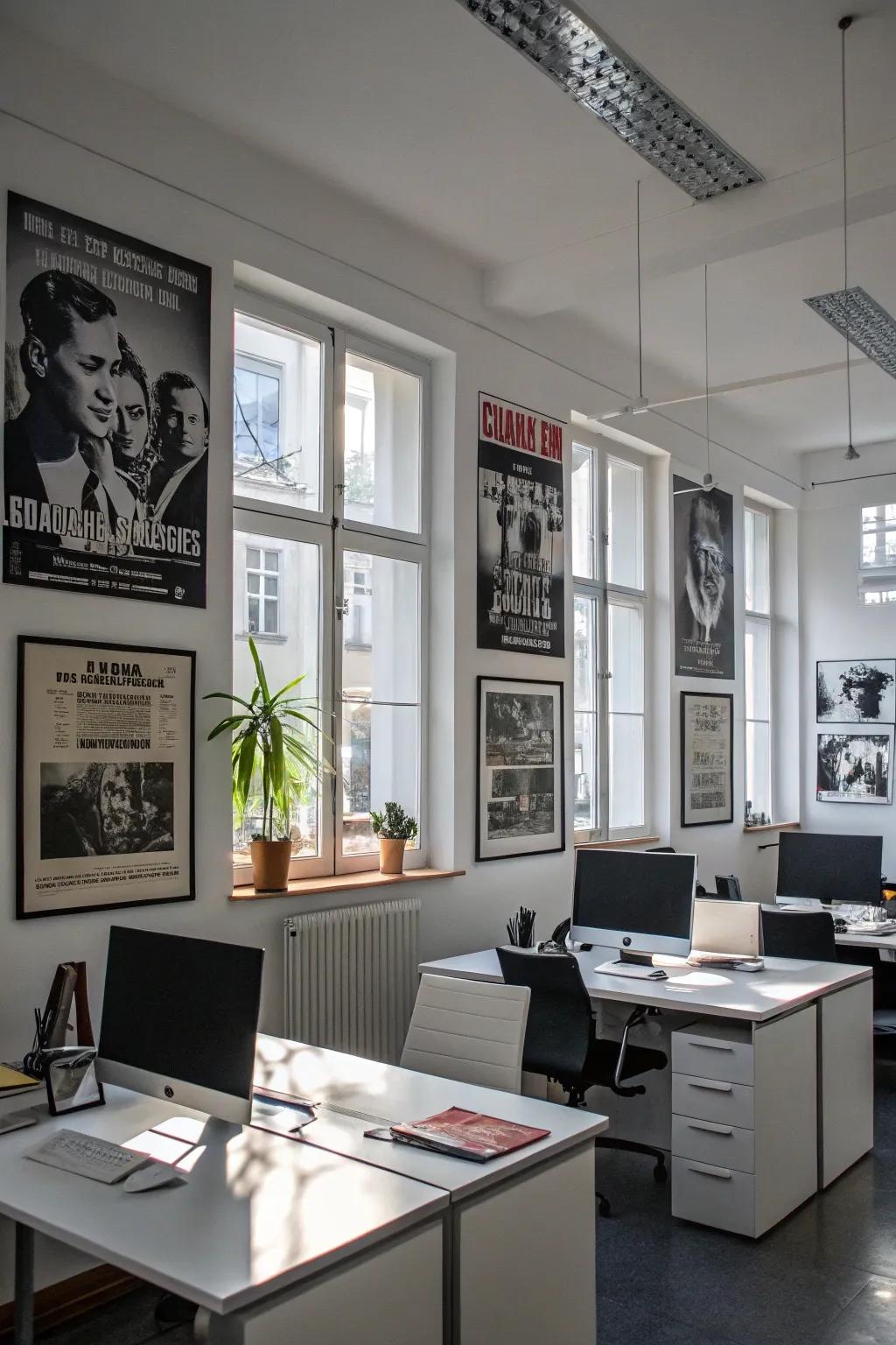 An office featuring monochrome film art.