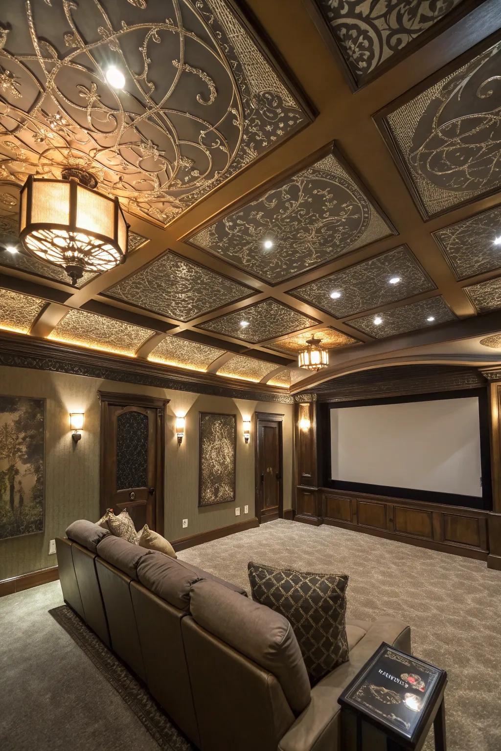 An artistic ceiling introduces an unexpected element of surprise to your movie room.