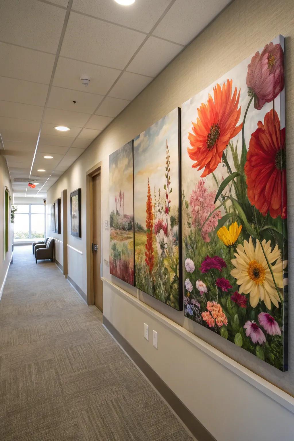 A collection of radiant floral illustrations across numerous canvases, illuminating the vestibule.