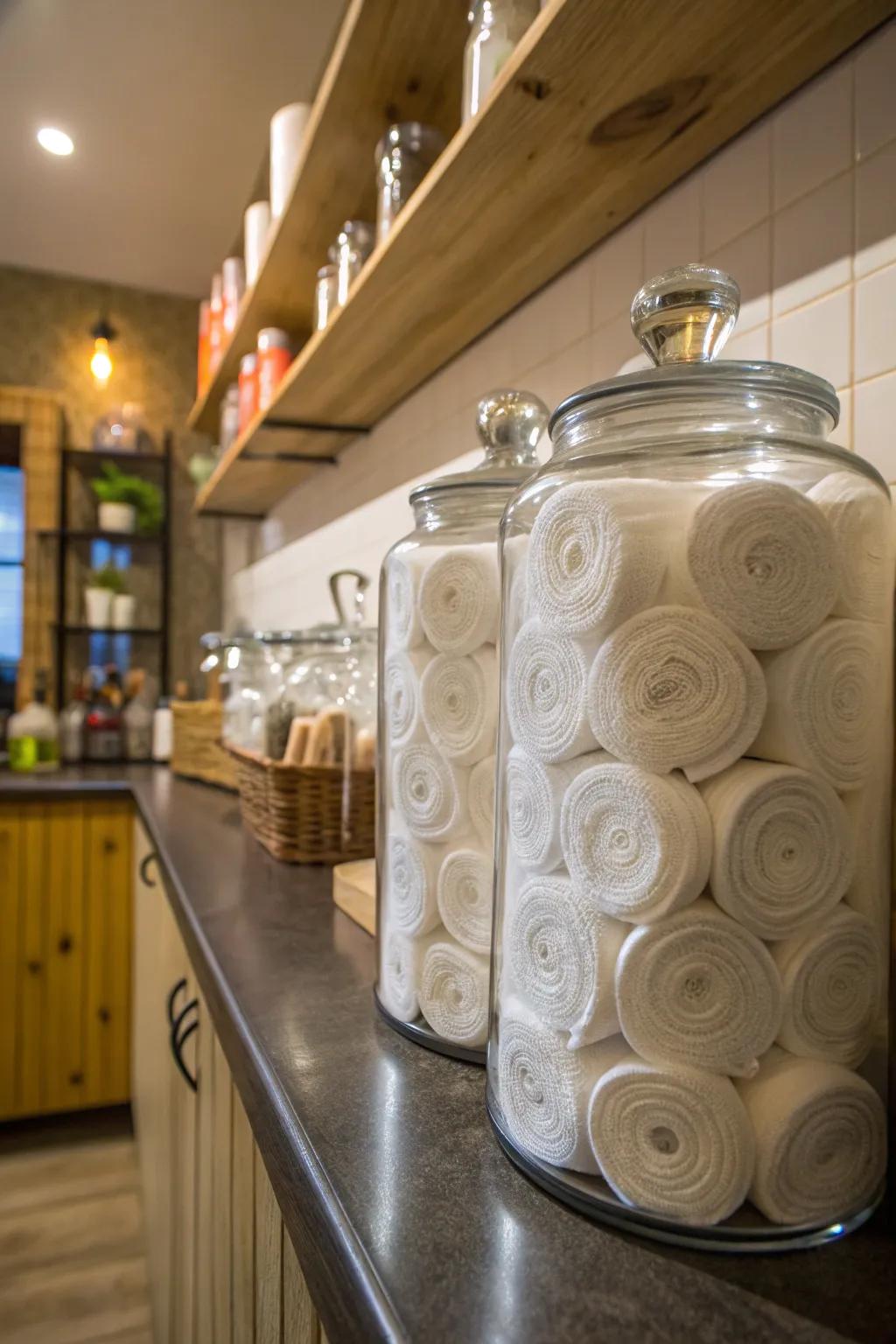 Glass containers supply a vintage and economical method for napkin storage.