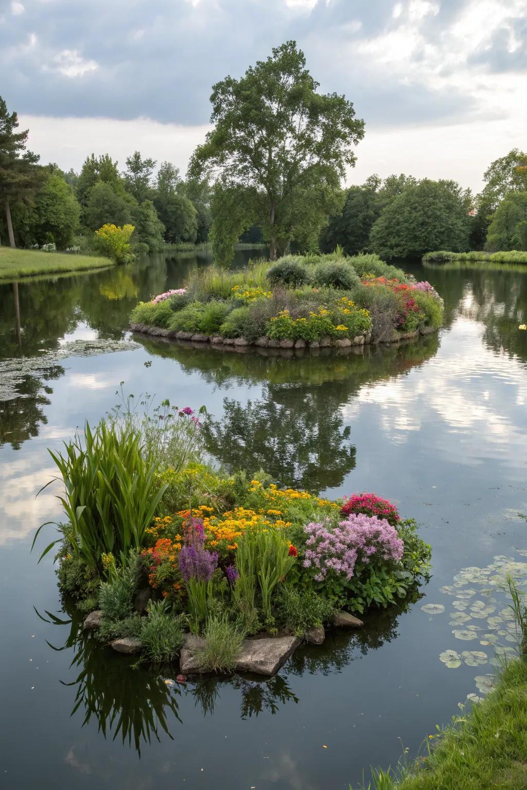A drifting islet fashioning a dynamic and engaging pond trait.