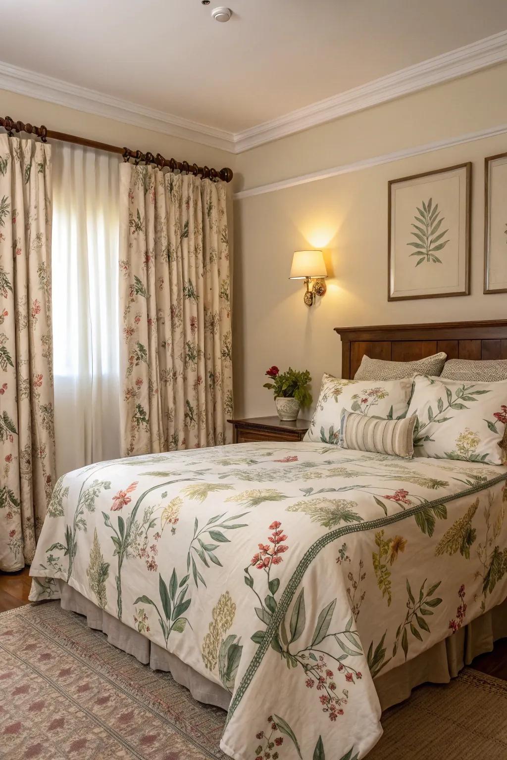 Botanical prints infuse the bedroom with a garden-like atmosphere.