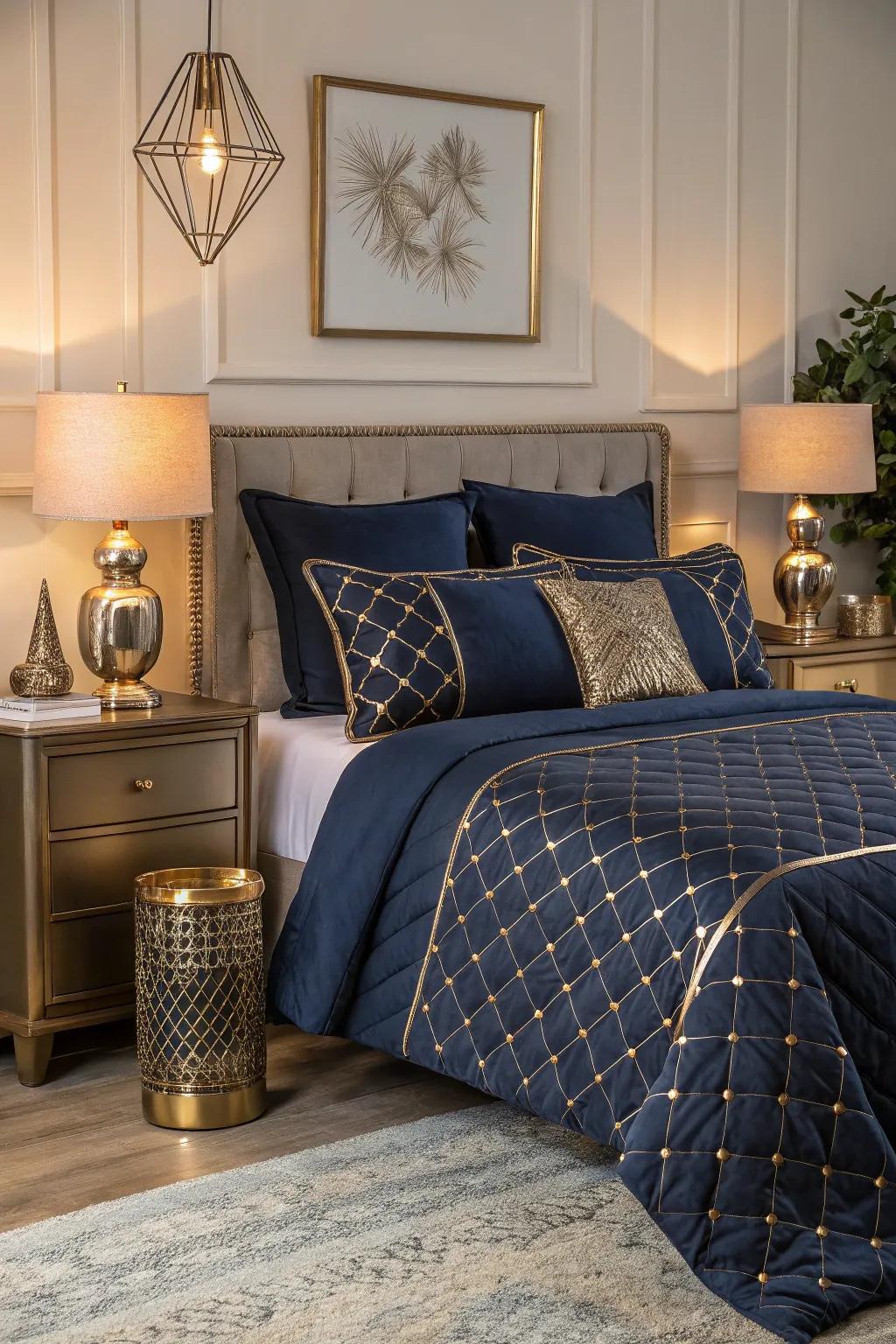 Enhance navy bedding with glamourous metallic accents.
