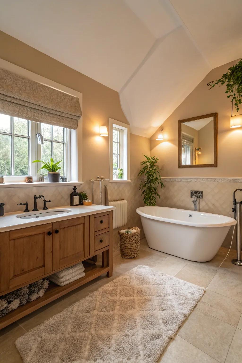 Gentle illumination and warm hues fashion a snug bathroom atmosphere.