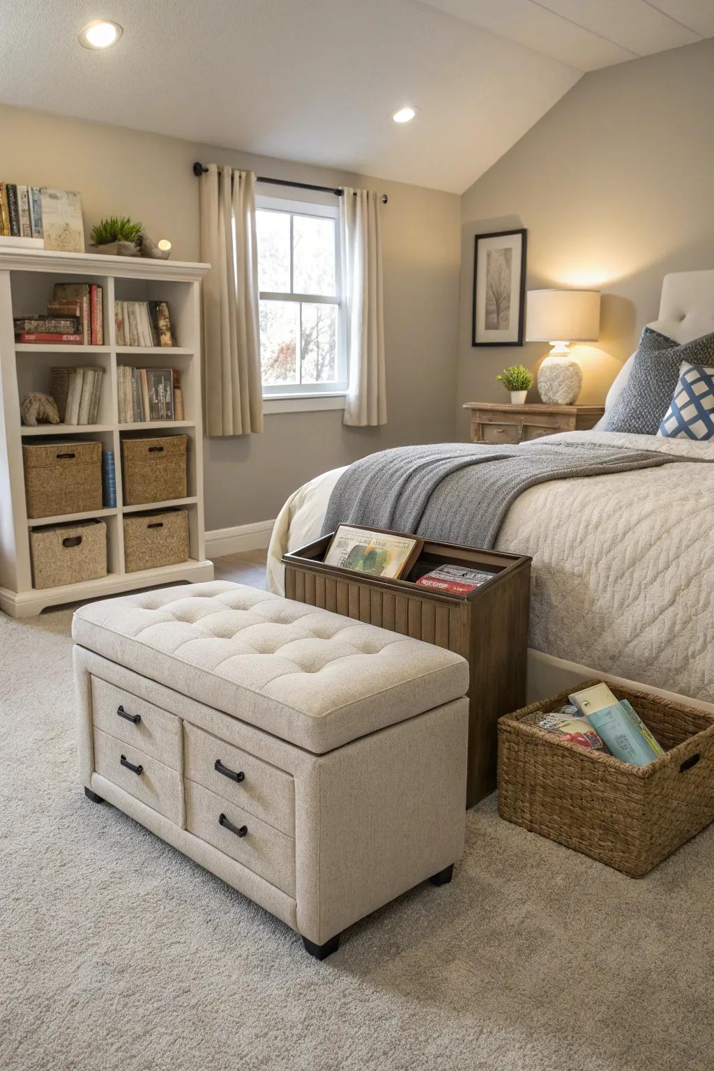 Adaptable furniture maximizes area and efficiency.