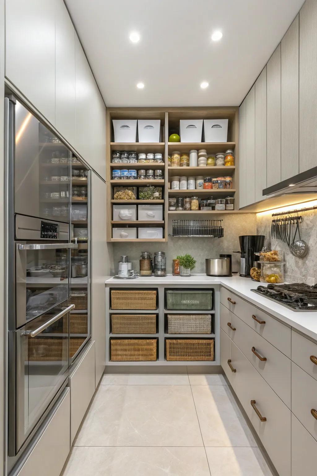 A cooking area showcasing efficient storing solutions.