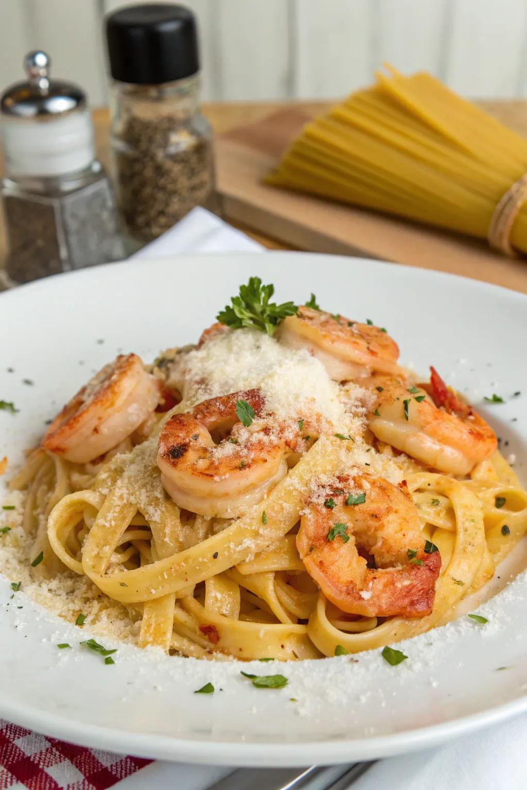 Spicy shrimp fettuccine Alfredo, delivering a kick of flavor to your New Year's Day feast.