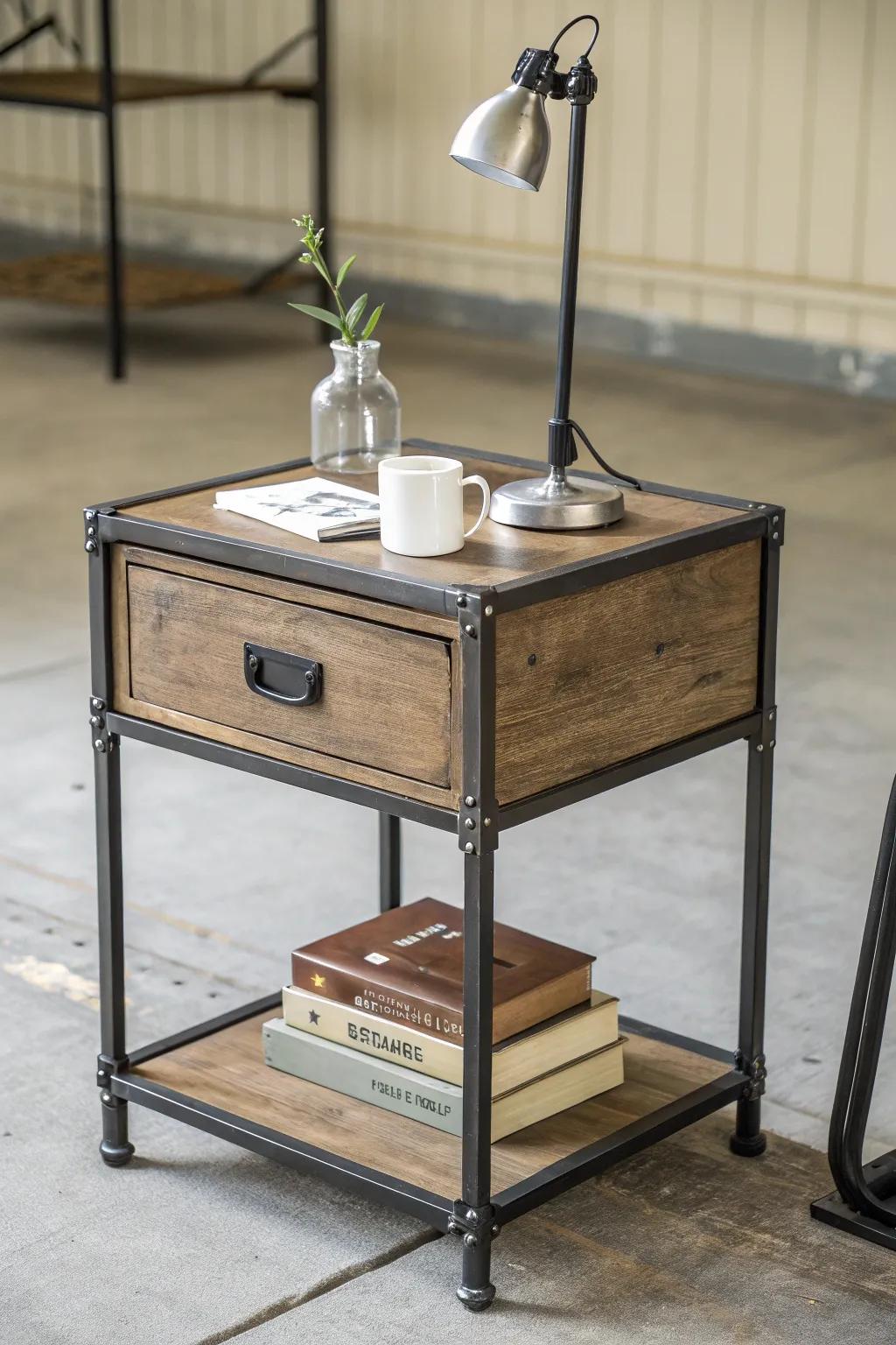 Bring in a stylish, modern vibe with an industrial-style nightstand.