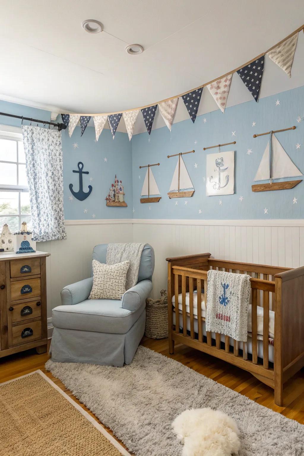 A modern shores baby room featuring soothing colors.
