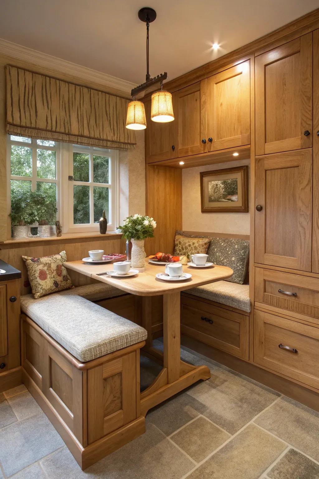 A breakfast corner offers a cozy spot in an oak kitchen.