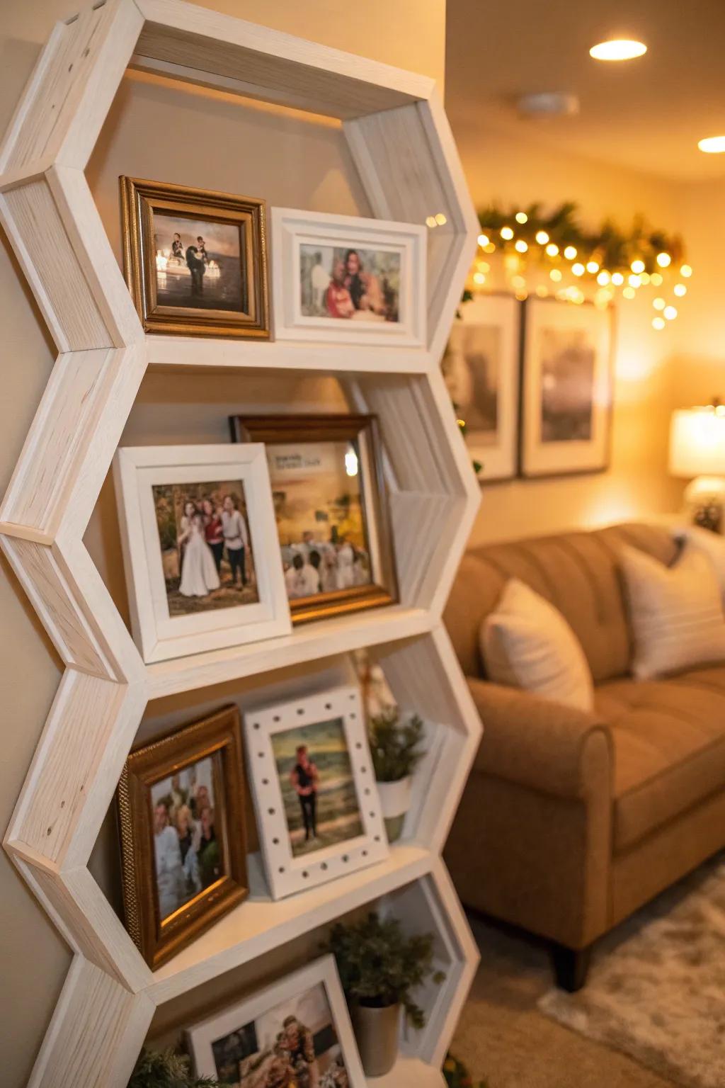 Family portraits infuse warmth into octagon ledges.