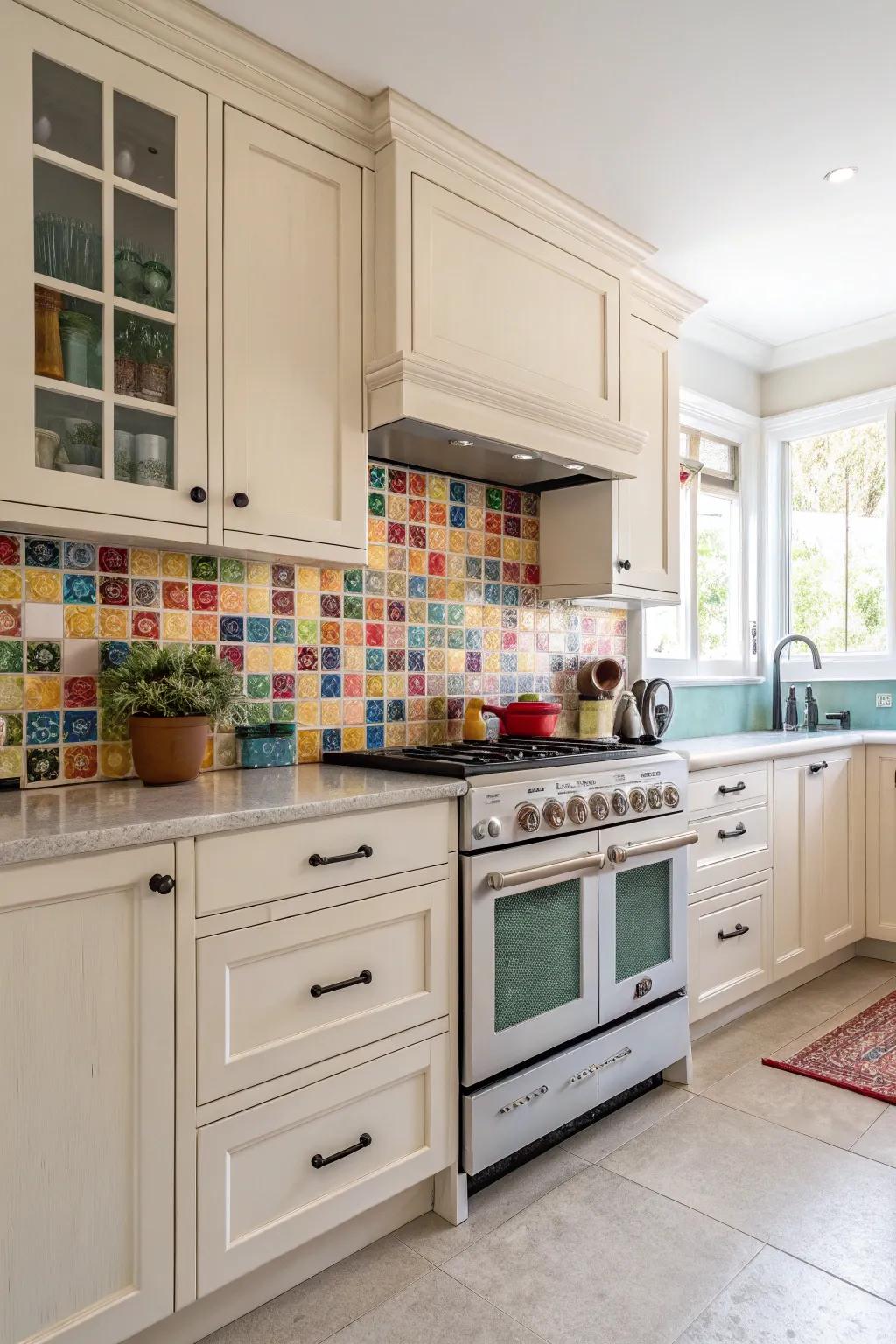 Colorful accents enliven creamy white cooking zones.