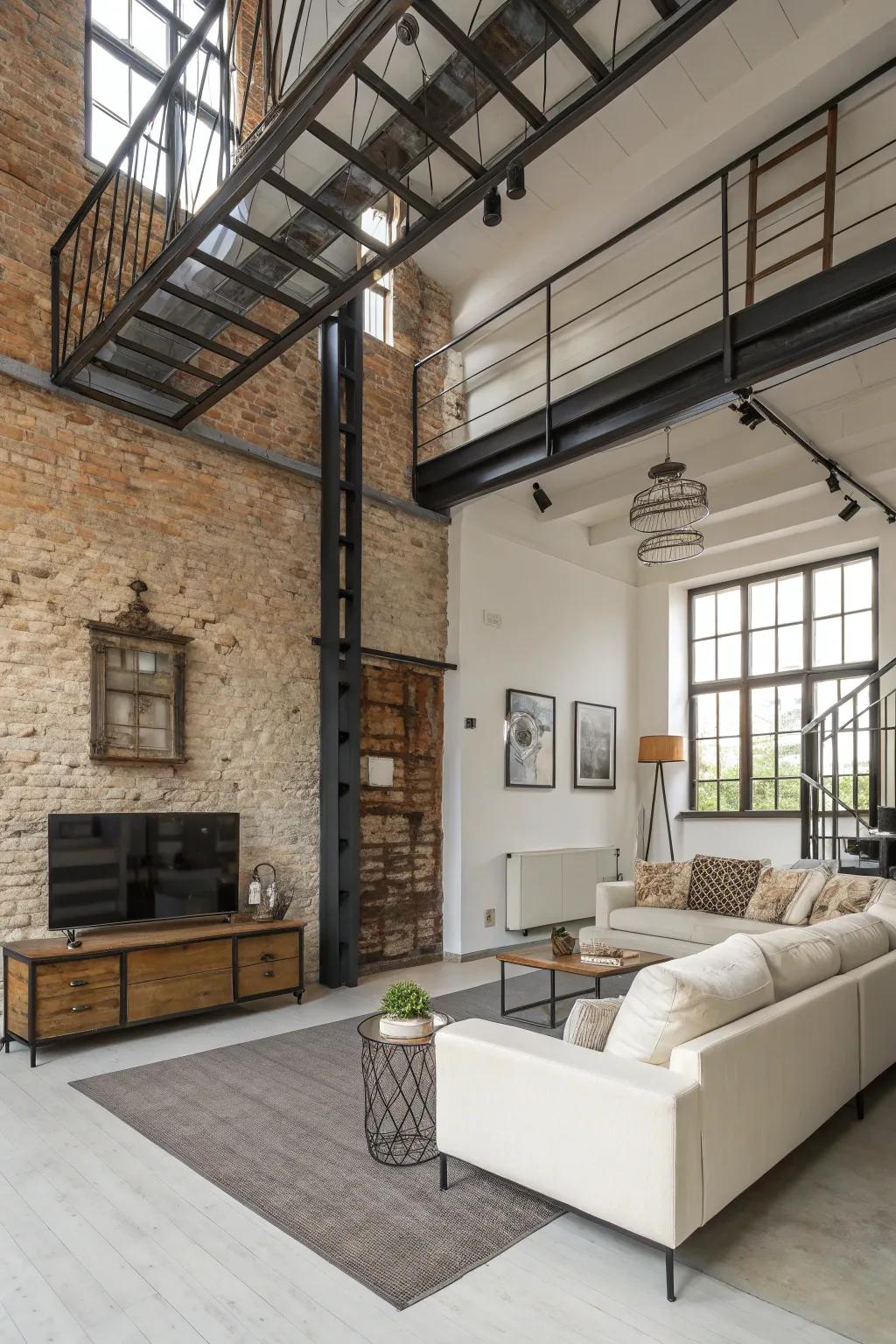 Industrial elements bring a modern edge to an off white room.