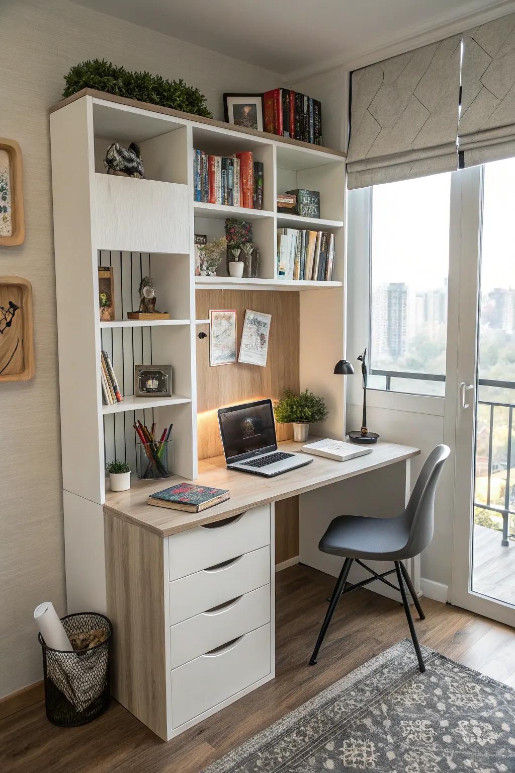 A changeable corner workstation featuring adaptable shelves adjusts to your specifications.