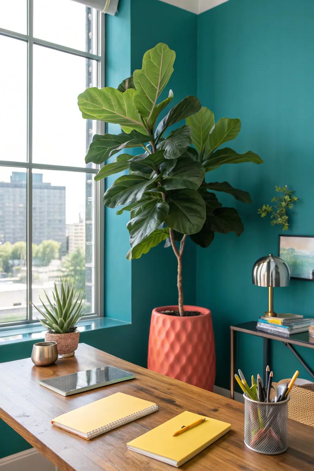 Transform your office with a statement violin leaf plant, injecting a contemporary touch into your area. 🌿 #FiddleLeafFig #OfficeStyle