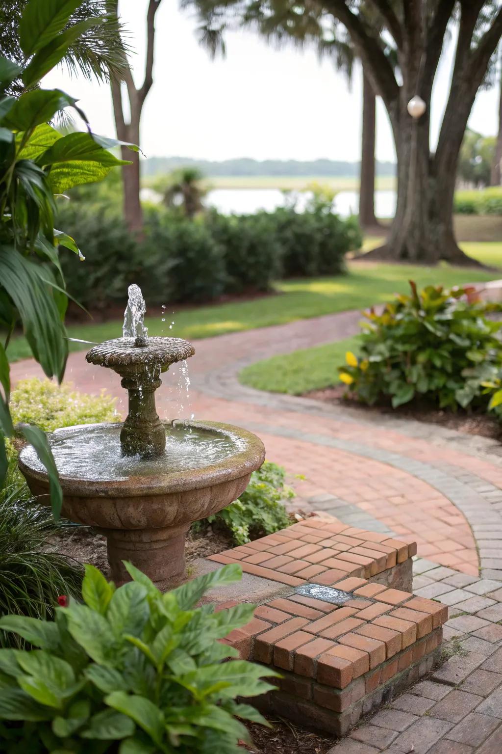 A hydrological element contributes serenity to the patio setting