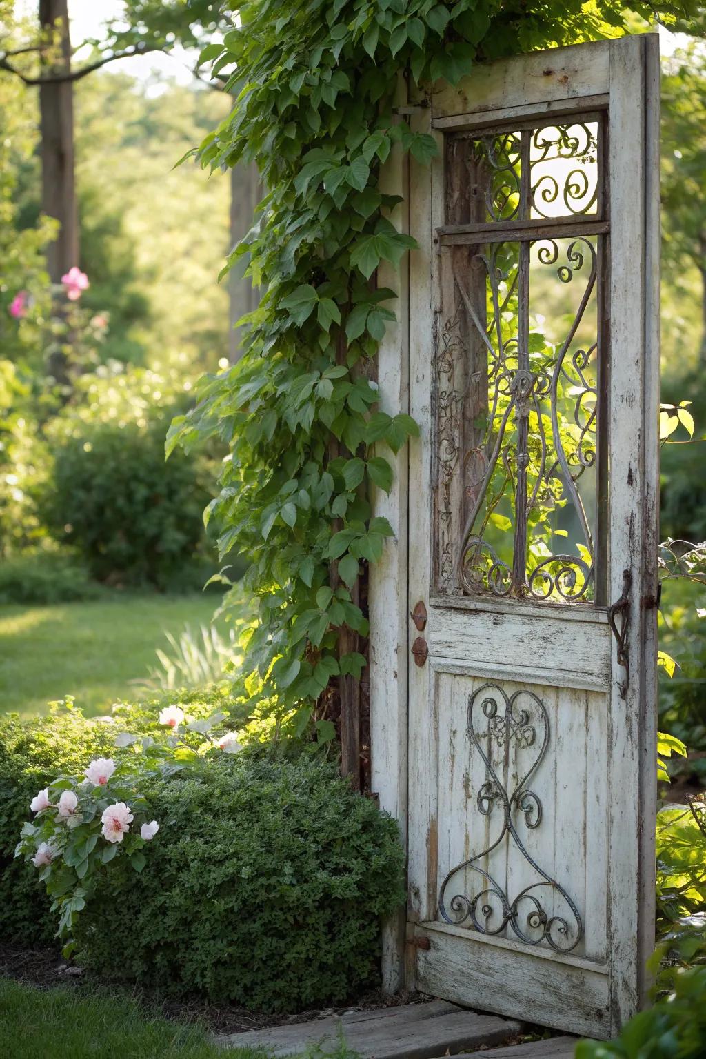 Transform your outdoor area into a serene sanctuary using a vintage screen door seclusion panel.