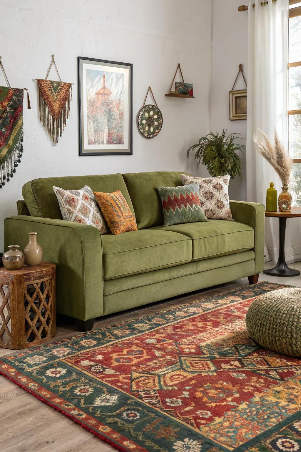 A standout floor covering grounds the room and complements the couch.