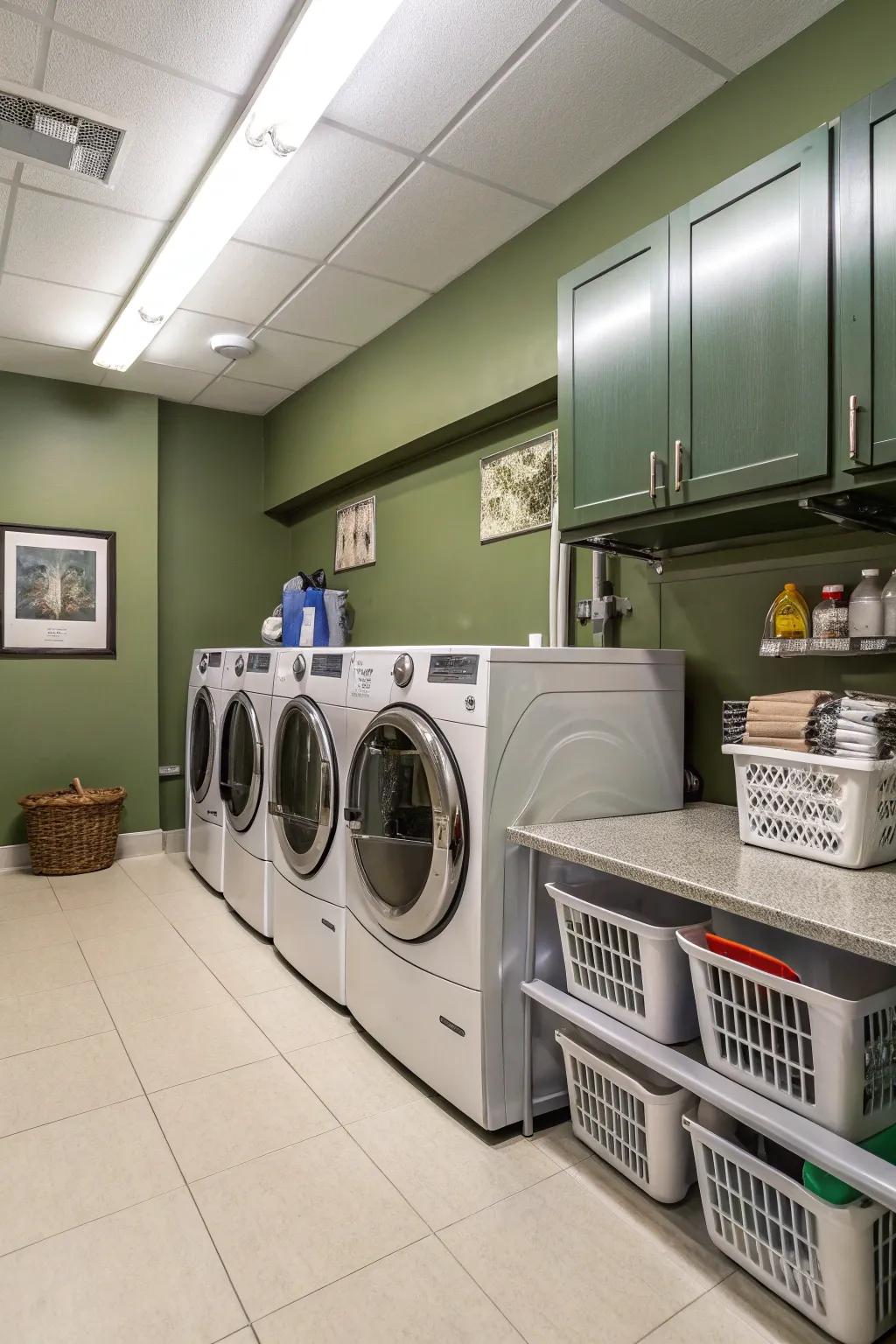 An uplifting laundry area featuring olive green walls.