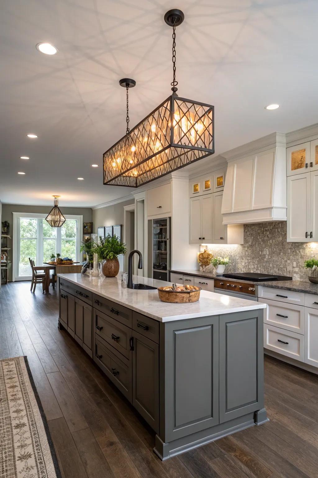 Notable illumination lends flair to a single-wall kitchen.