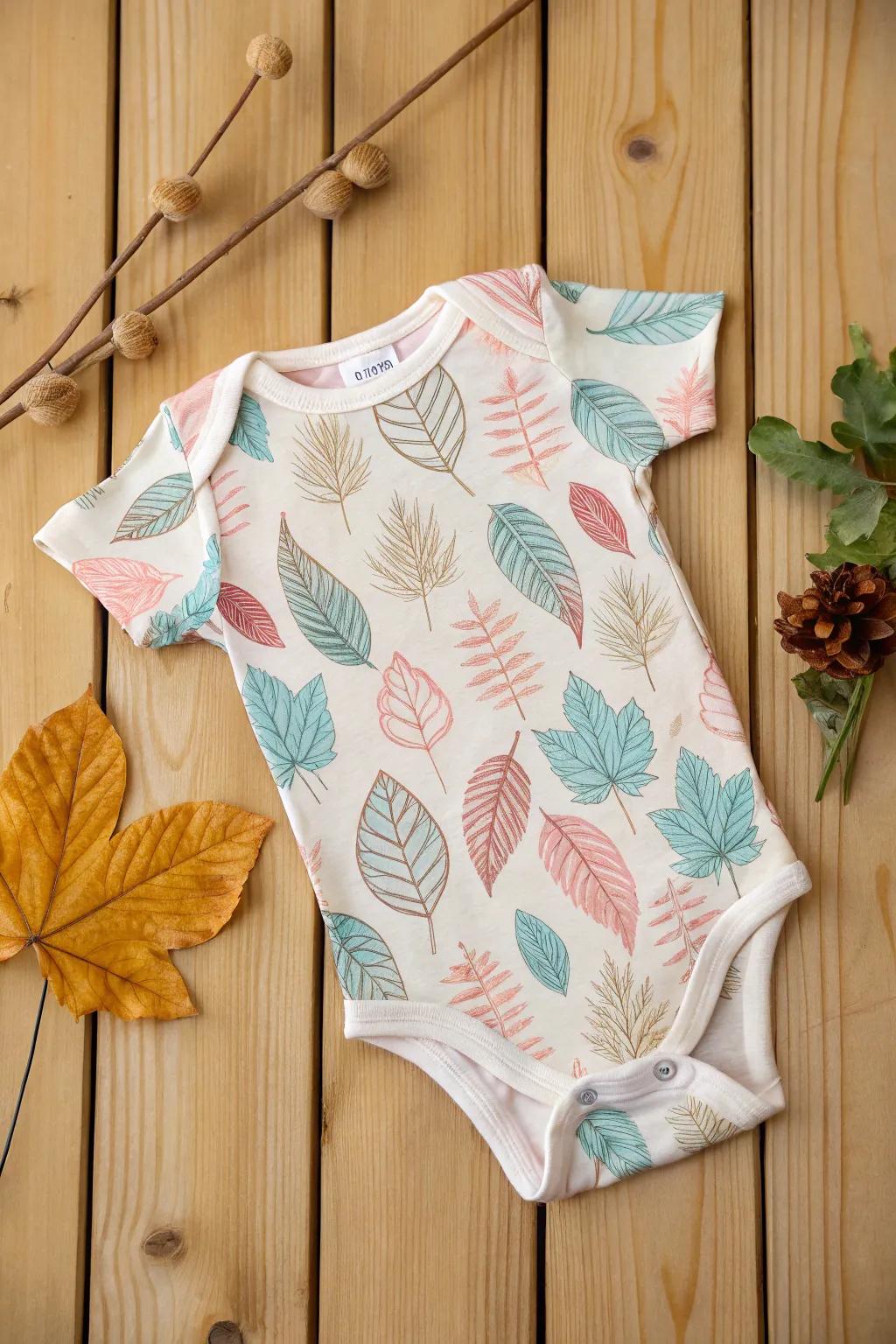 A nature-inspired onesie showcasing exquisite leaf graphics.