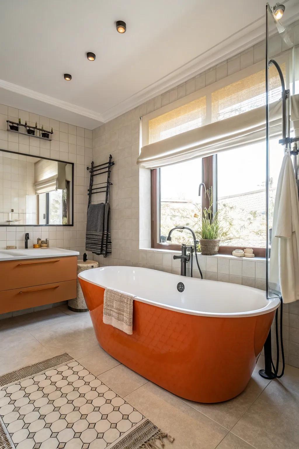 A freestanding orange soaking tub serves as the centerpiece of the bathroom.