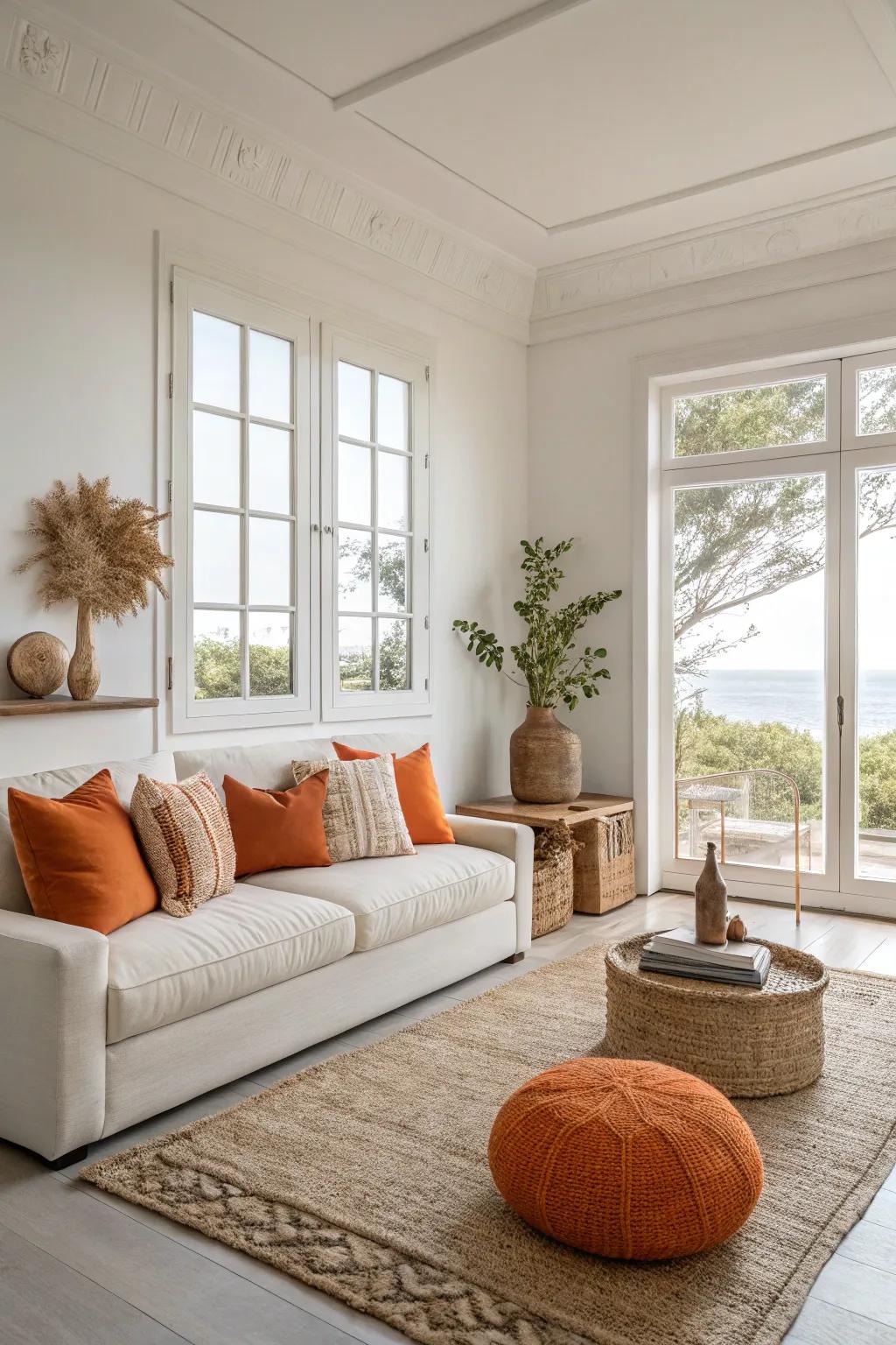 Minimalist design meets vibrancy through subtle orange features.