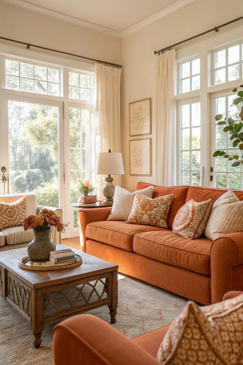 A harmonious room where the neutrality enhances the vibrancy of orange touches.