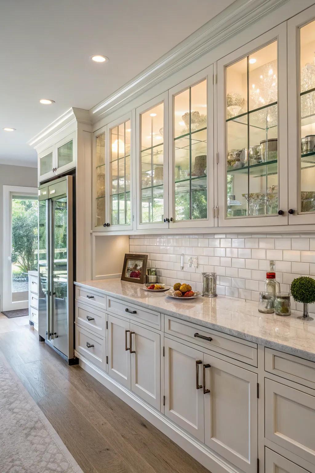 Glass features enhance the kitchen's brightness and openness.