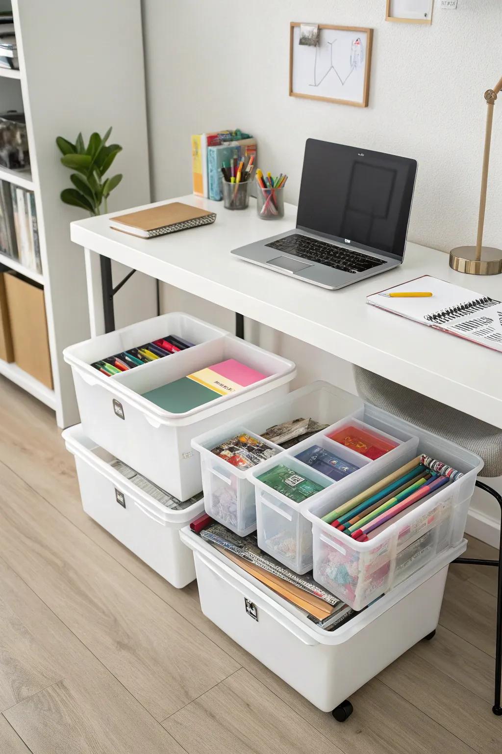 Use under-desk space for discreet storage.