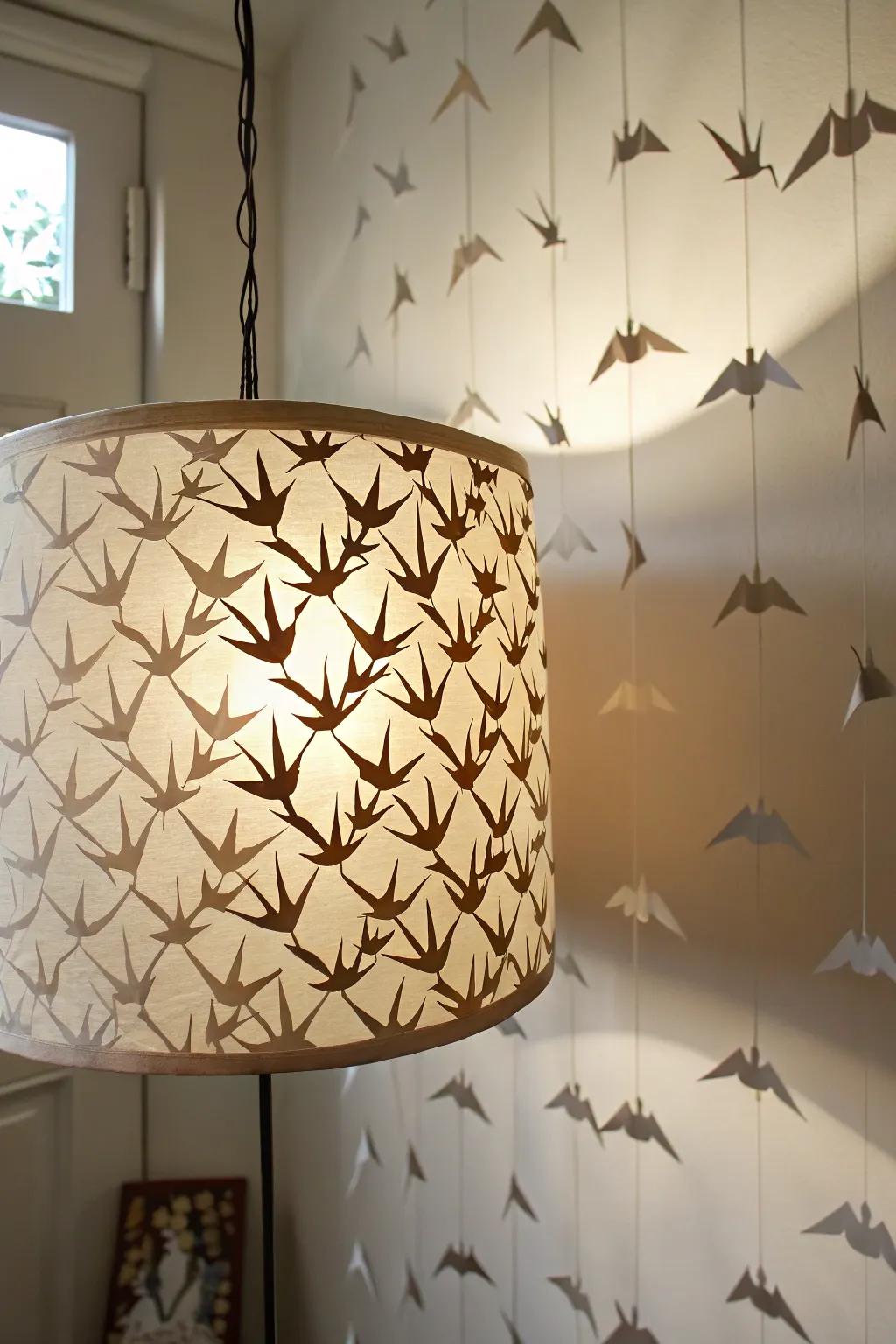 A lamp covering that captivates with crane shadows.