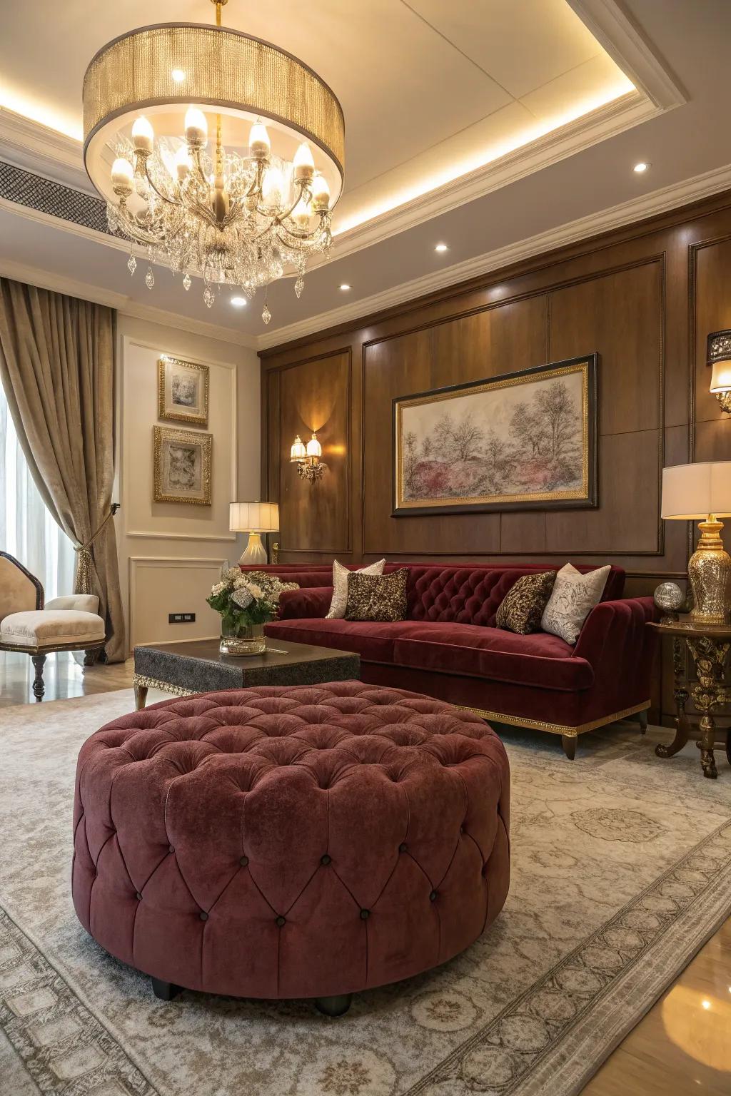 A velvet ottoman introduces a sumptuous touch to a glam-inspired room.